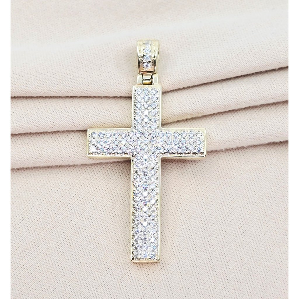 Unique 14k Karat Solid Yellow Gold Designer Religious Cross Cz Pendant Charm